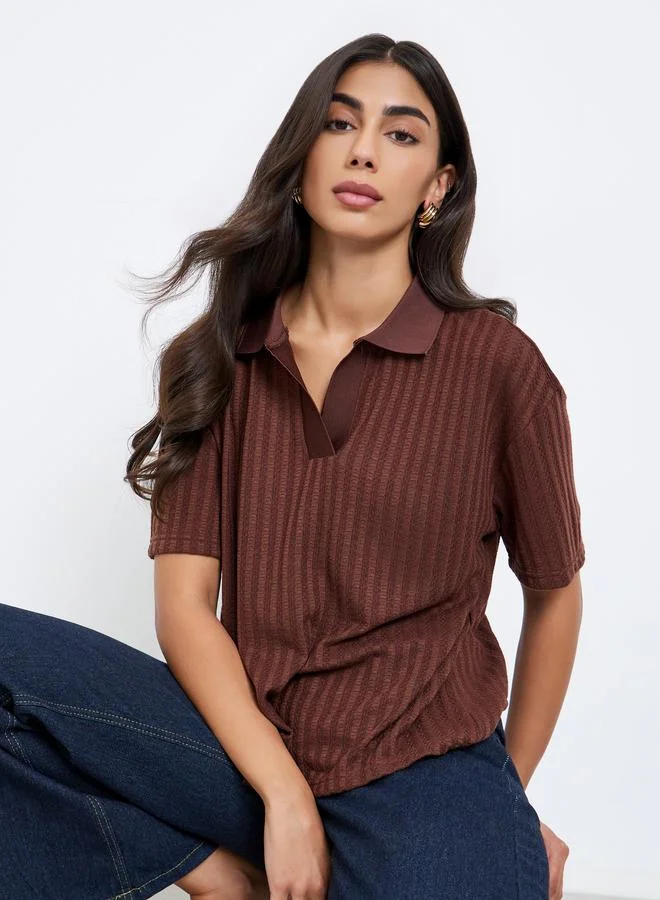 Styli Styli Brown Textured Knit Polo T-Shirt